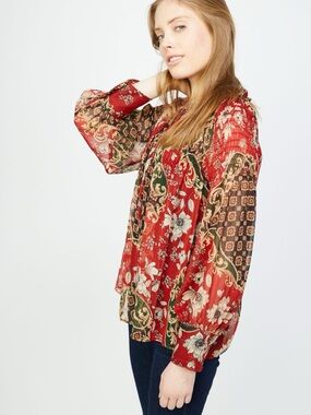 Zara Boho Patchwork Metallic Thread Smocked Blouse - Red Multi Size XS
